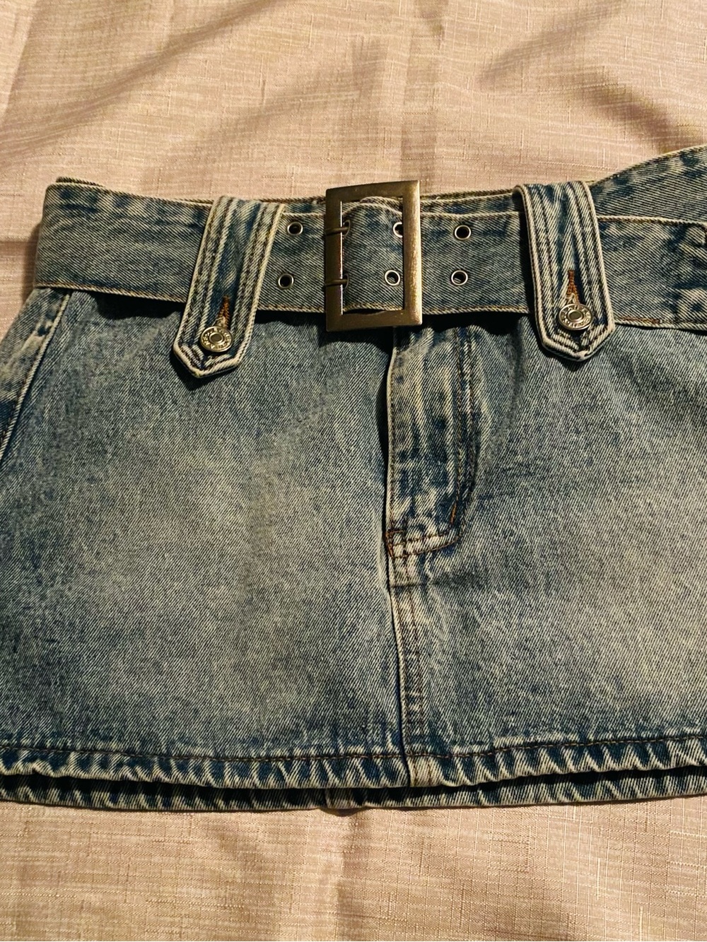 Denim Belted Mini Skirt with Square Buckle - Blue